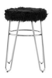 Orsina Chrome Metal and Black Faux Fur Stool, Small Hairpin Round Stool, Plush Fur Stool for Lounge, Bedroom