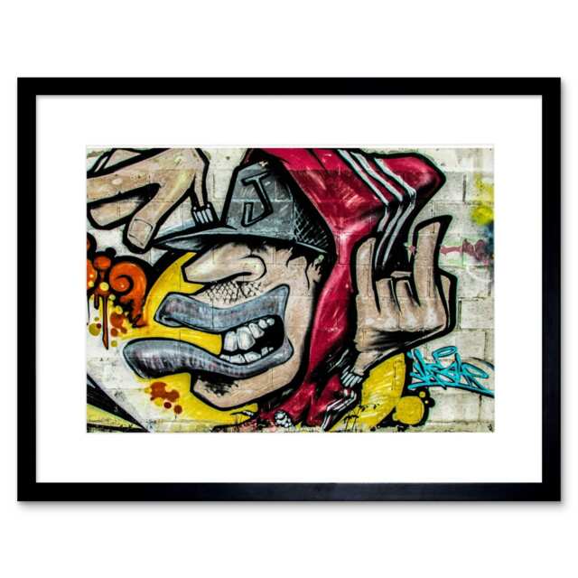 "Guy Dude Horn Sign Hoodie Graffiti Street Art 9x7"" Black Framed Wall Art Print"