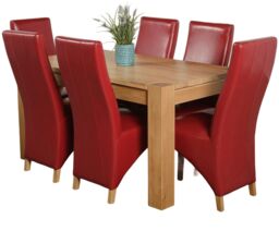 Kuba 150 x 85 cm Chunky Medium Oak Dining Table and 6 Lola Leather Chairs Red Red