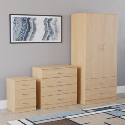 Vida Designs Riano 3 Piece Bedroom Set (3 Drawer Bedside Chest, 4 Drawer Chest, 2 Door 2 Drawer Wardrobe) - Pine