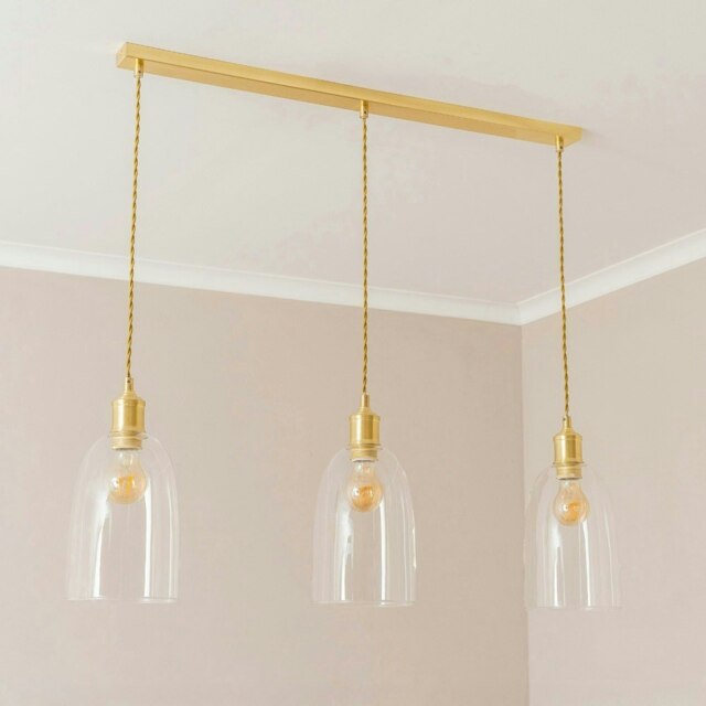 ValueLights Kira Glass Dome 3 Drop Bar Brushed Gold Diner Ceiling Pendant Light with Bulbs Gold