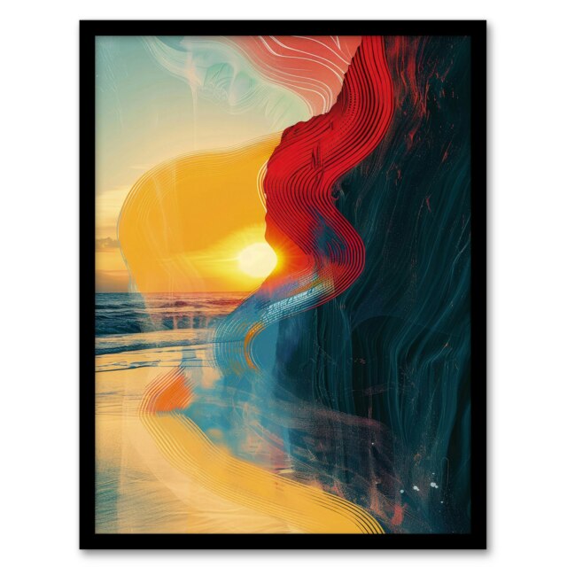 Coastal Sunrise Cliffside Beach Abstract Black Framed Wall Art Print A4