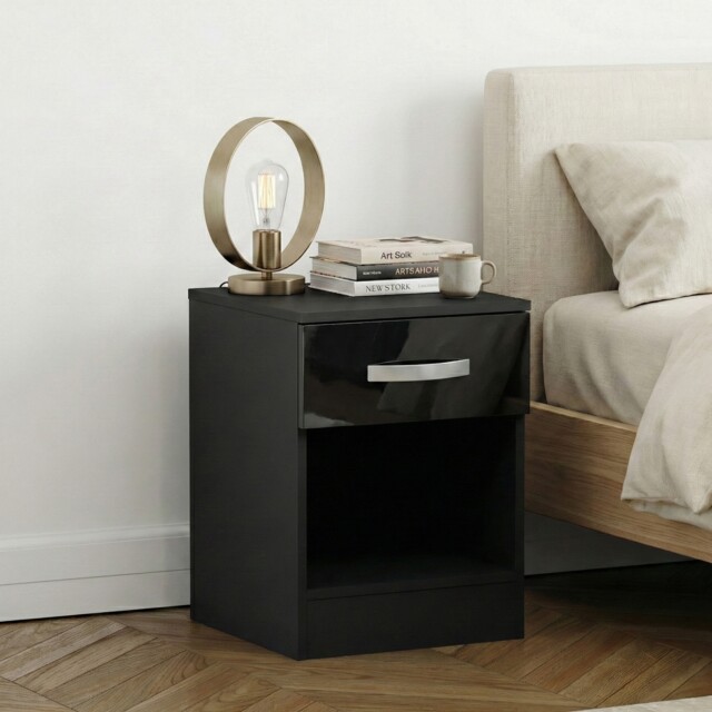 Vida Designs Hulio 1 Drawer Bedside Chest High Gloss Cabinet Table Nightstand, Black
