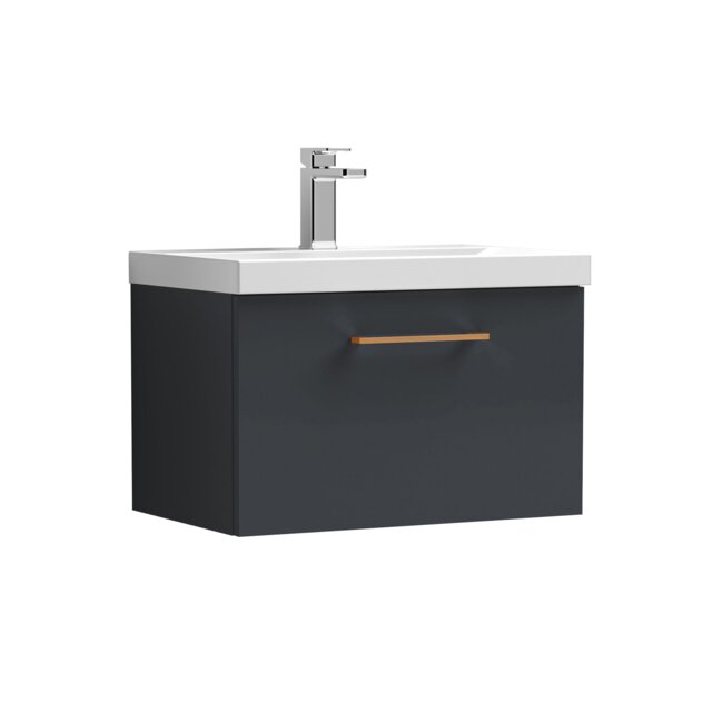 Balterley Wall Hung Bathroom 1 Drawer Vanity Unit and 1 Tap Hole Ceramic Basin, with Handle Grey Soft Black