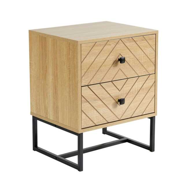 Bedside Table 2 Drawer Aztec Design Oak Effect Metal Legs Bedroom Furniture Unit