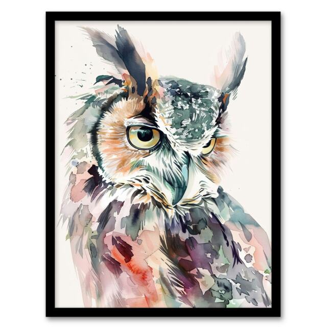 Great Horned Owl Modern Watercolour Black Framed Wall Art Print A4
