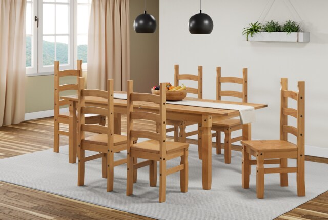 Mercers Furniture Corona Large Extending Table & 6 Chairs Dining Set Long Solid Wood Pine Wooden Kitchen with Mexican Styling