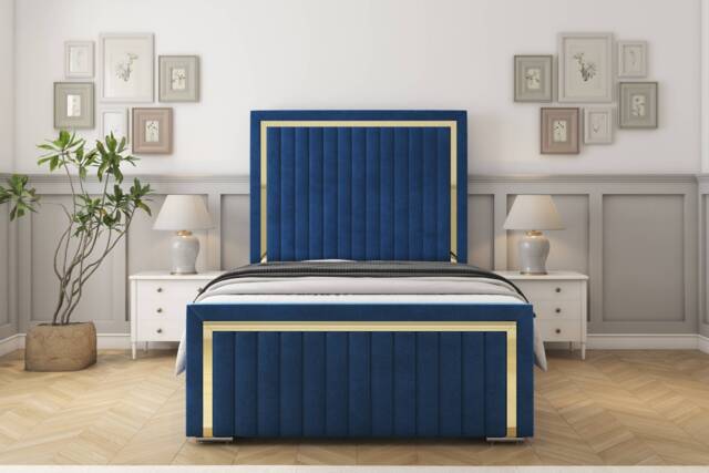 "Sloomy Boston Gold Navy Plush Bed Frame With 50"" Upholstered Headboard 3' Single"