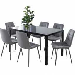 Modern Black Glass Dining Table Set with 6 Grey velvet Chairs Dining Room Furniture