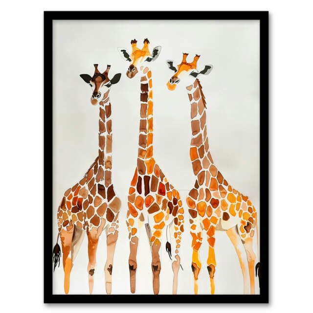 The Giraffe Gang Bright Watercolour Safari Black Framed Wall Art Print A4