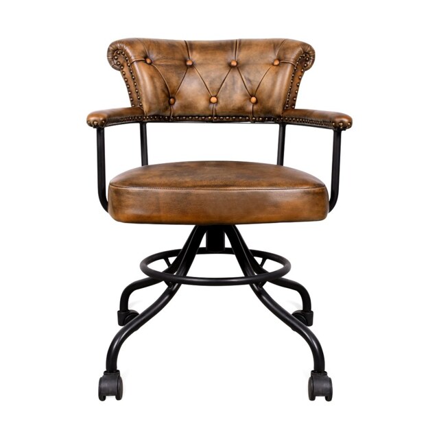 Genuine Leather Swivel Office Chair with Casters – Button-Tufted Brown Leather and Black Metal Frame – Industrial Accent Desk Chair for Home Accessories – 85×61×64 cm