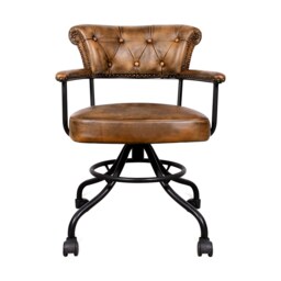 Genuine Leather Swivel Office Chair with Casters – Button-Tufted Brown Leather and Black Metal Frame – Industrial Accent Desk Chair for Home Accessories – 85×61×64 cm