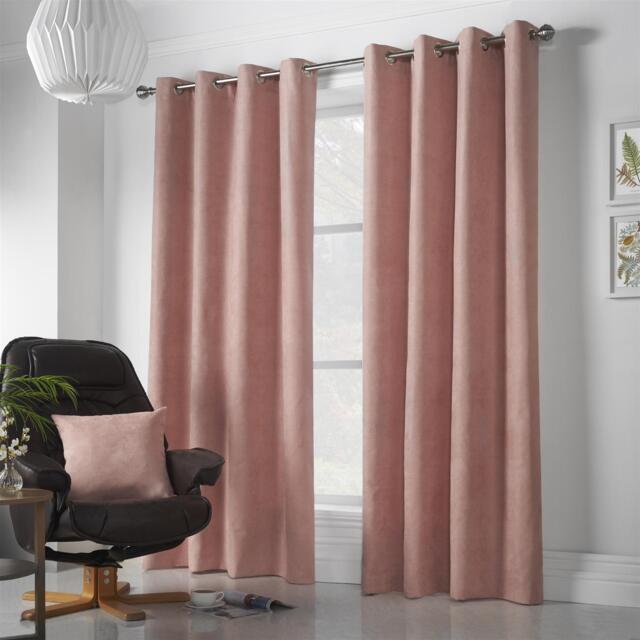 Velvet Chenille Eyelet Curtains Ready Made Pair - 142cm x 137cm - Blush