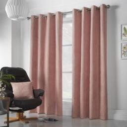 Velvet Chenille Eyelet Curtains Ready Made Pair - 142cm x 137cm - Blush