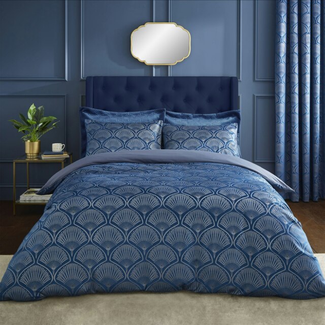 Catherine Lansfield Art Deco Pearl Super King Duvet Cover Set Navy Blue