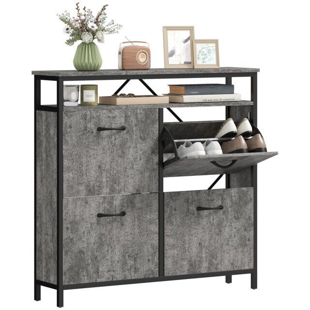 HOMCOM Shoe Cabinet with 4 Flip Drawers, Holds 12-20 Pairs, Cement Grey Grey 1
