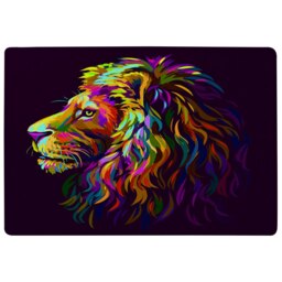 Abstract, multicolored profile portrait of a lion's head on a purple background in popart style (Rug) Multi L