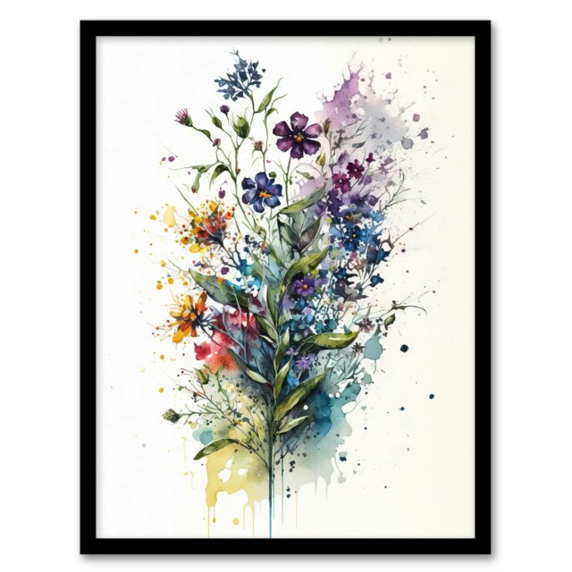 Wildflower Bouquet Bright Watercolour Spring Black Framed Wall Art Print A4