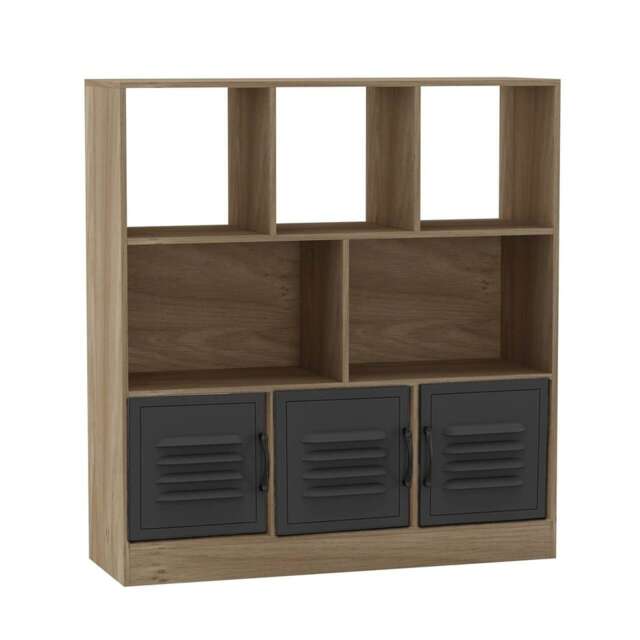Asymmetrical 8 Cube Oak Freestanding Bookcase Shelf Storage Unit with 3 Doors Black Metal Doors - Black 1