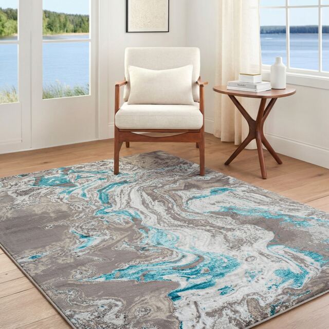 LIVABLISS Lustro-Abstract Modern Marble Rug 120 x 170 cm Blue Grey Beige