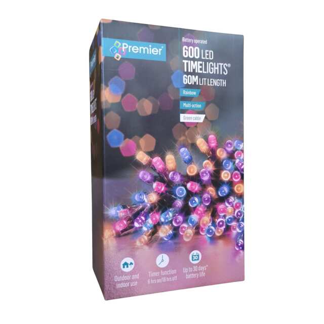 600 LED 60m Premier Christmas Indoor Outdoor Multi Function Battery Operated String Lights with Timer in Rainbow