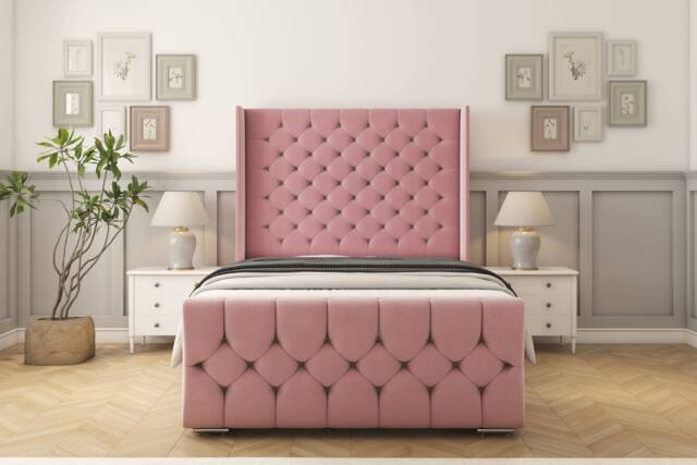 "Sloomy Luthor Pink Plush Bed Frame With 50"" Upholstered Wingback Headboard 4'6 Double"
