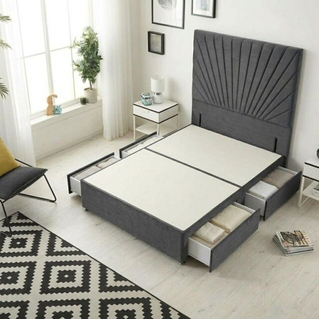 Sunburst Divan Bed with 4 Drawers & 54'' Floor Standing Headboard Plush Velvet Grey Charcoal