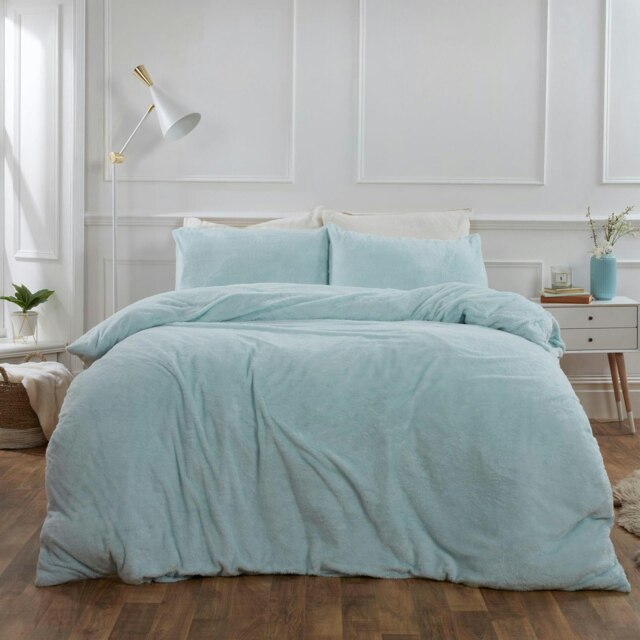 OHS Ultra Soft Teddy Fleece Duvet Cover and Pillowcase Bedding Set, Super King - Duck Egg Blue