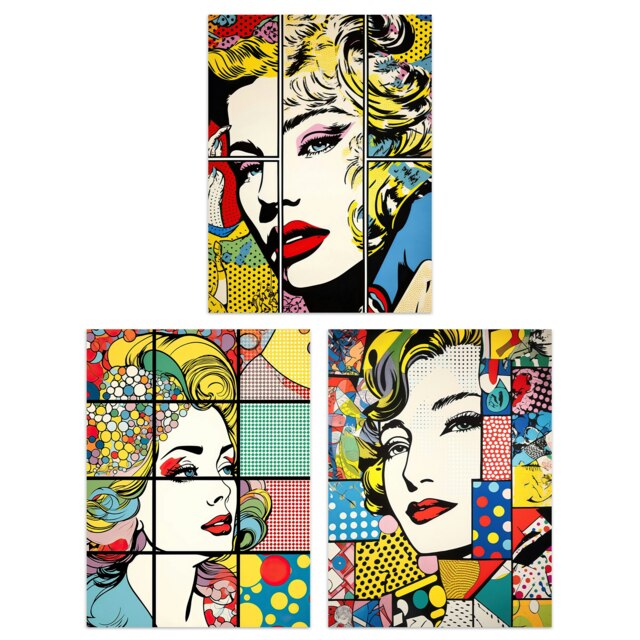 Set of 3 Comic Book Strip Pop Artworks Women Face Portraits Patterns Wall Art Print A4