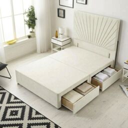 Sunburst Divan Bed with 2 Drawers & 54'' Floor Standing Headboard Plush Velvet Cream Ivory