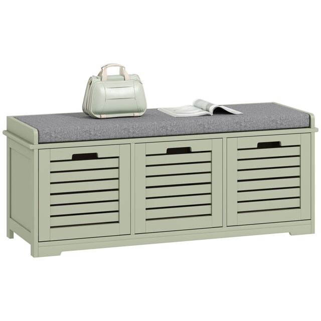 HOMCOM 3-Door Shoe Storage Bench Cushion Seat Slatted Doors, Green Green