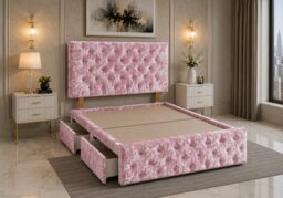 Divan Bed with Upholstered Headboard & Footboard Base 4FT6 Double Pink Crush 4 Drawers