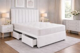 6FT Superking White Plush Divan Bed With Panel 26inch Headboard and Orthopeadic Mattress 2 Drawers One Each Side
