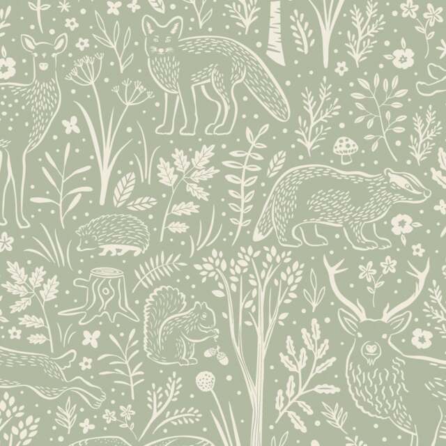 Grandeco Native Woodland Animals Nursery Textured Wallpaper, Sage Green Green Sage Green 5.32