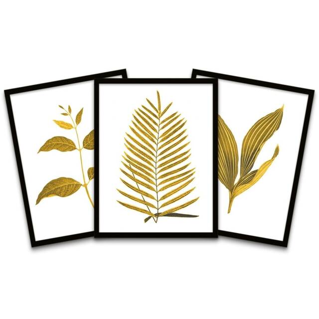 Botanics Gold Grey Leaves Ferns Nature Framed Pack Of 3 Wall art Print Home Decor