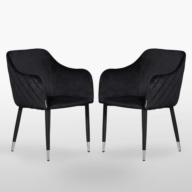 Set of 2 Verona Velvet Dining Chairs with Quilted Back & Black Legs - Modern Accent Chair with Silver Foot Tips Black