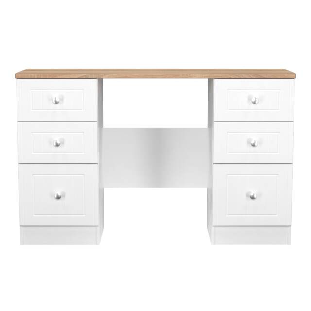 Cambridge 6 Drawer Kneehole Desk in Porcelain Ash & Bardolino Oak (Ready Assembled) White Porcelain Ash & Bardolino Oak