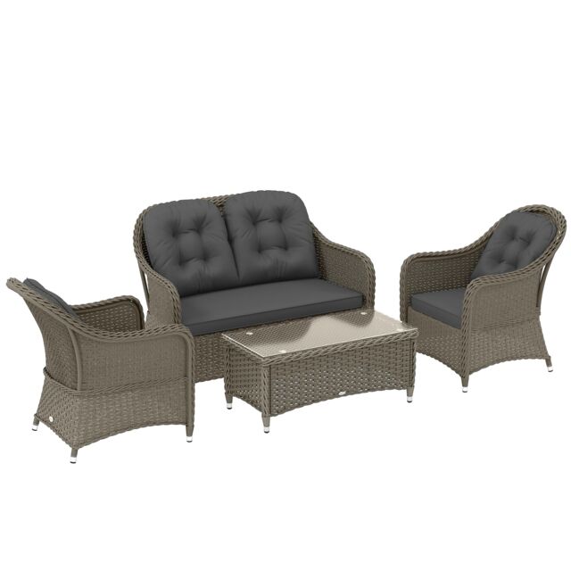 Outsunny 4 Pieces Rattan Sofa Set Outdoor Conservatory Furniture with Cushions Grey
