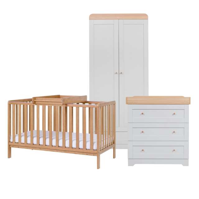 Tutti Bambini Oak Malmo Cot Bed with Rio Furniture 3piece Set Dove Grey/Oak