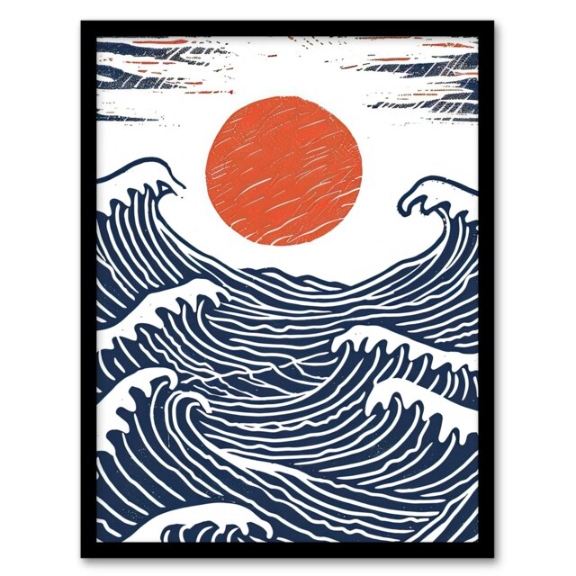 Sun Sea Waves Orange Seascape Living Room Black Framed Wall Art Print A4