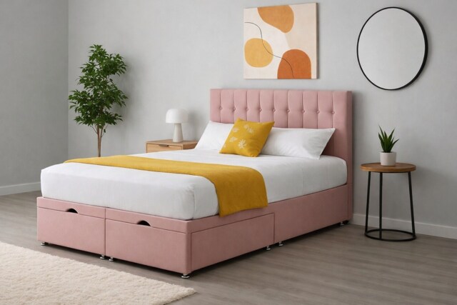 Divan Pink Plush Ottoman 6ft Superking Bed Set With Headboard and Mattress