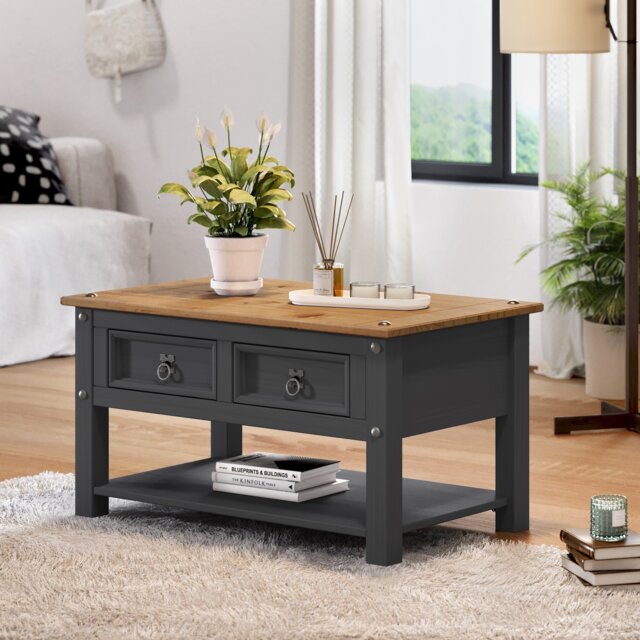 Mercers Furniture Corona Charcoal 2 Drawer 1 Shelf Coffee Table Solid Wood Pine Wooden Dark Grey with Mexican Styling
