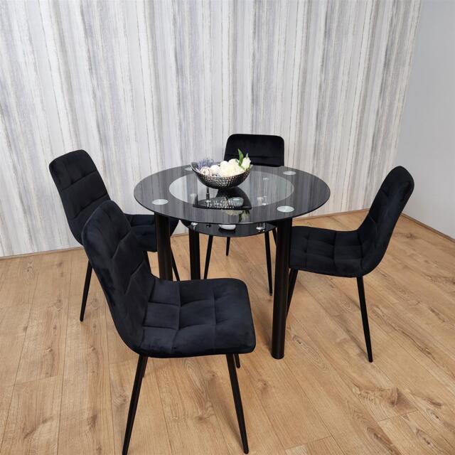 Round Black Glass Dining Table Set with 4 Black Velvet Chairs Modern Dining Room Furniture