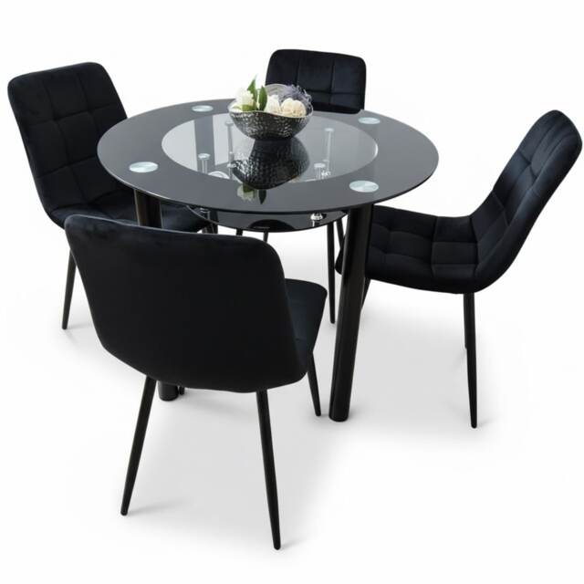 Round Black Glass Dining Table Set with 4 Black Velvet Chairs Modern Dining Room Furniture
