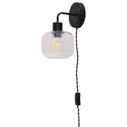 Toby - Black Plug in Wall Light with Batley Ribbed Glass Shade
