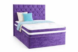Chesterfield Purple Crushed Velvet Double 4ft6 Divan Bed With 54inch Floorstanding Headboard and Mattress 2 Drawers Same Side