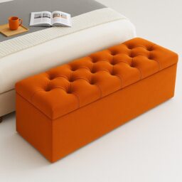 120cm Chesterfield Ottoman Storage Box, Burnt Orange Plush Velvet Upholstered Blanket Box, End of Bed Bench, Deep Storage Chest