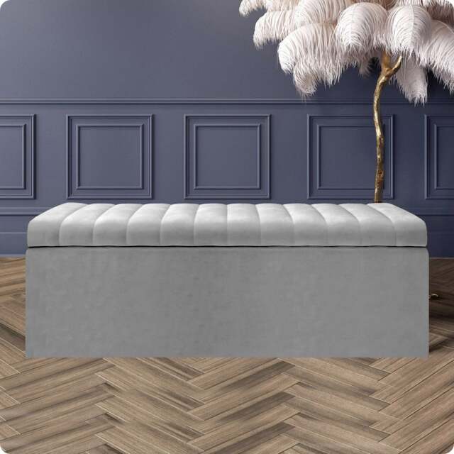 137cm Safar Large Striped Storage Ottoman Box, Silver Plush Velvet Upholstered Deep Storage Ottoman End of Bed Bench