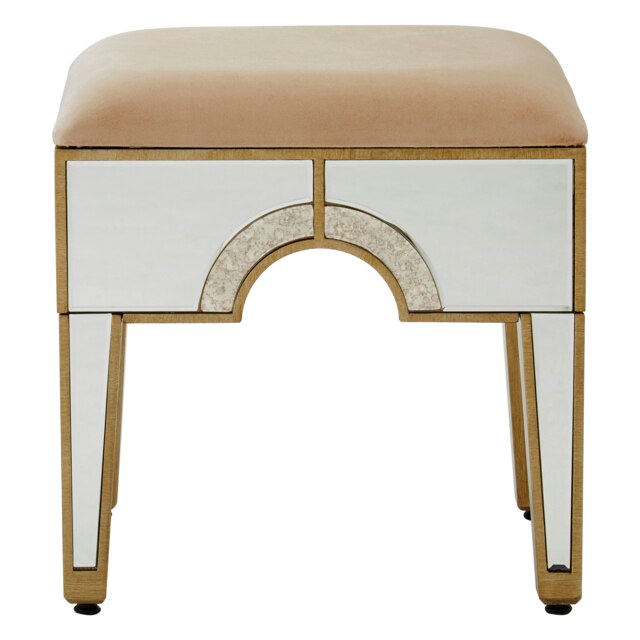 Art Deco Stool With Mirrored Panels,Champagne Upholstered Bar Stool,Luxe Counter Seat Stool,Decorative Seat Gold