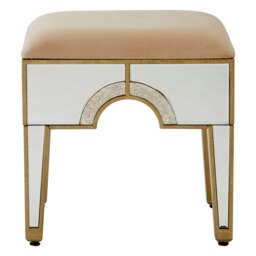 Art Deco Stool With Mirrored Panels,Champagne Upholstered Bar Stool,Luxe Counter Seat Stool,Decorative Seat Gold